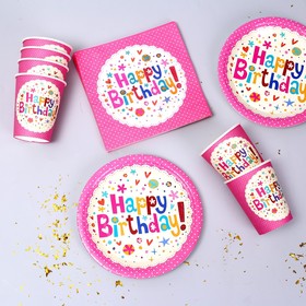 Набор бумажной посуды «С днём рождения»: 6 тарелок, 6 стаканов, 20 салфеток, цвет розовый