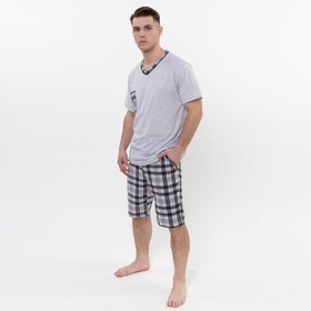 Комплект мужской (футболка и шорты), серый/клетка, размер 54