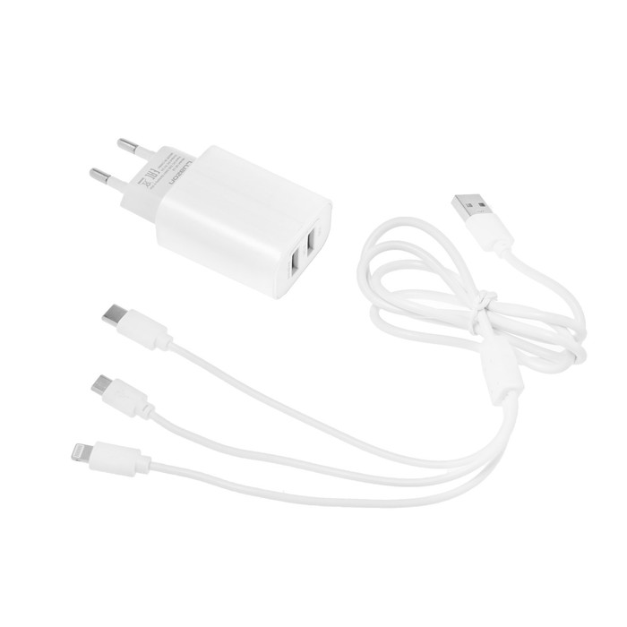 Комплект для зарядки 3 в 1 Luazon UC-14, СЗУ 2хUSB, 2A, microUSB/Type-C/Lightning, белый