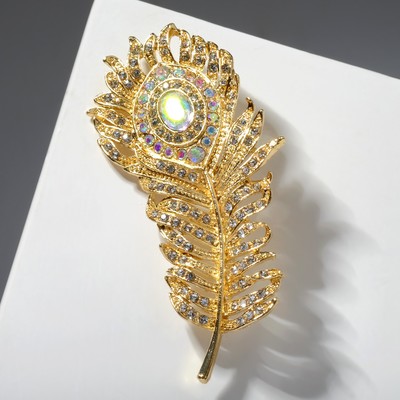 Брошь «Перо павлинье» пушистое, цвет радужный в золоте