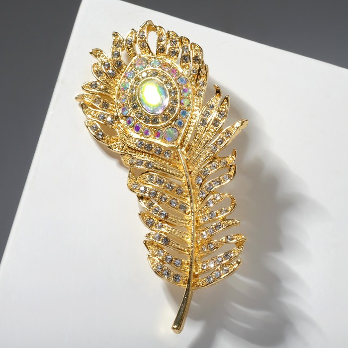 Брошь «Перо павлинье» пушистое, цвет радужный в золоте - Фото 1