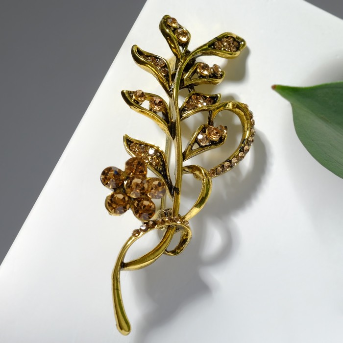 Брошь «Ветвь» с цветком, цвет коричневый в чернёном золоте - Фото 1