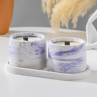 Набор свечей в подсвечнике на подставке «Лофт», соевый воск, деревянный фитиль, бело-фиолетовая