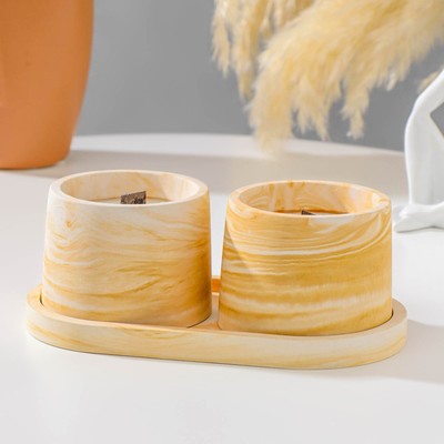 Набор свечей в подсвечнике на подставке «Лофт», соевый воск, деревянный фитиль, бело-горчичная