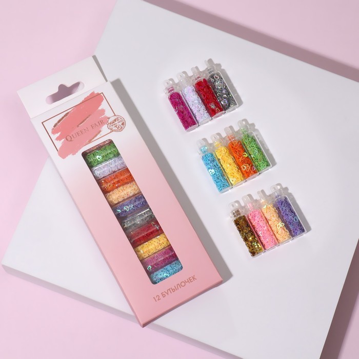 Пайетки для декора «Звёзды, сердечки», 12 бутылочек, в картонной коробке, разноцветные 27444