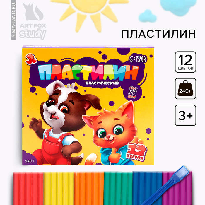 Пластилин классический ArtFox STUDY для лепки 12 цветов, 240 г.