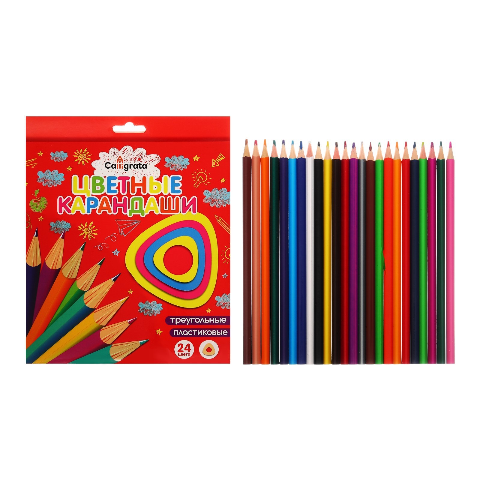 Карандаши 24 цвета, корпус трехгранный пластиковый, заточенный, в ...