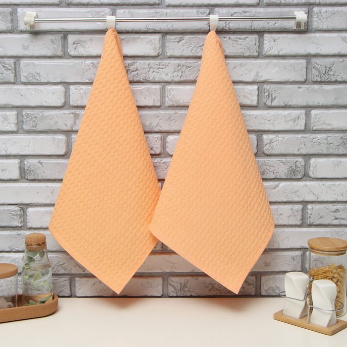 Набор кухонных полотенец «Доляна», коралловый, 35×60 см-2 шт., 100% хлопок, вафля, 220 г/м² - Фото 1