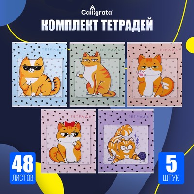 Тетради 5 штук, 48 листов в клетку «Коты», обложка мелованный картон, блок офсет