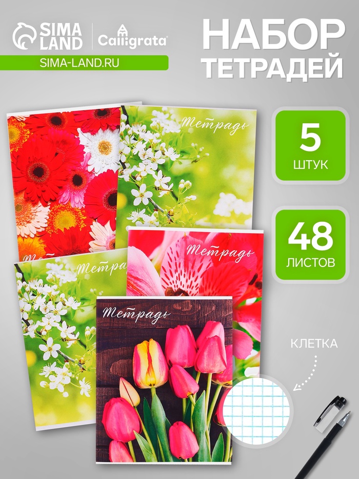 Тетради 48 листов в клетку, Calligrata «Цветы», 5 штук - Фото 1