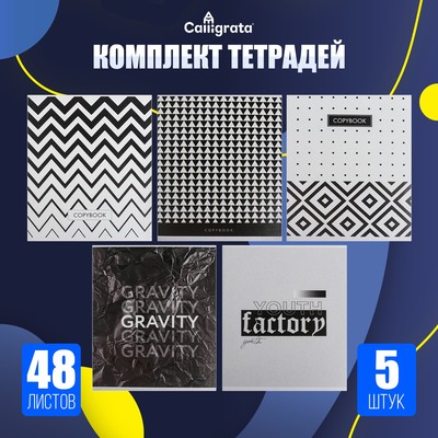 Комплект тетрадей из 5 штук, 48 листов в клетку Calligrata «Ч/Б. Геометрия», обложка мелованный картон, блок офсет