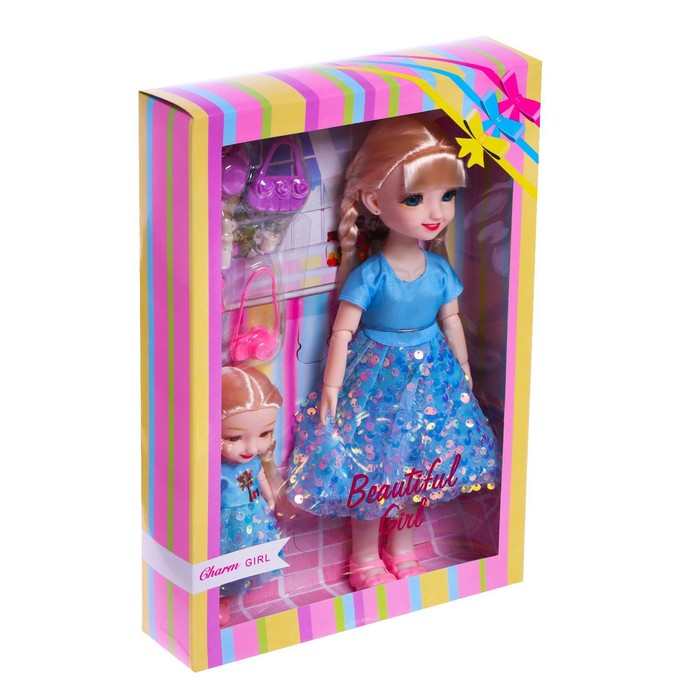 Кукла модная шарнирная «Анечка», с сестрёнкой, в платье, с аксессуарами, цвет голубой 53752