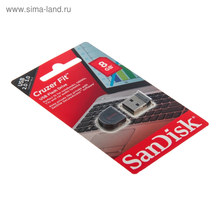 Флешка SanDisk Cruzer Fit, 8 Гб, USB2.0, чт до 25 Мб/с, зап до 15 Мб/с - Фото 1
