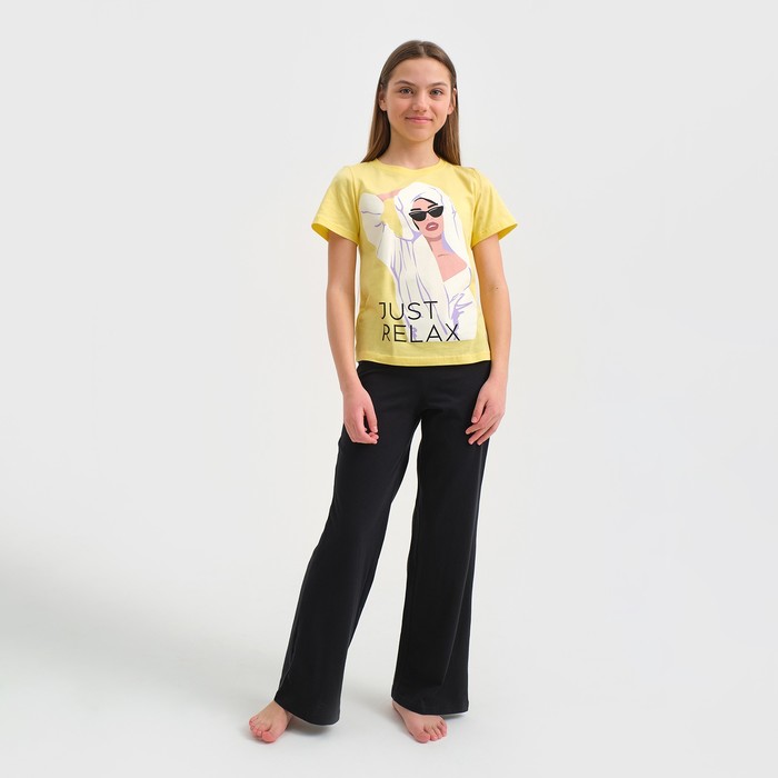 Пижама детская для девочки KAFTAN "Selfie", рост 134-140, желтый/черный - фото 1908886749