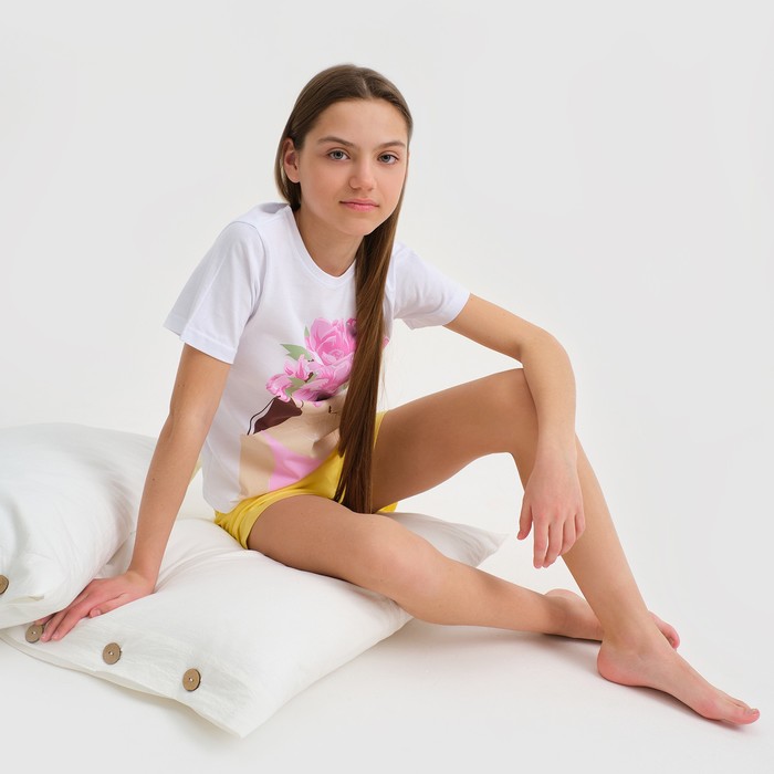 Пижама для девочки KAFTAN "Selfie", рост 134-140, цвет белый/жёлтый - фото 1907425860