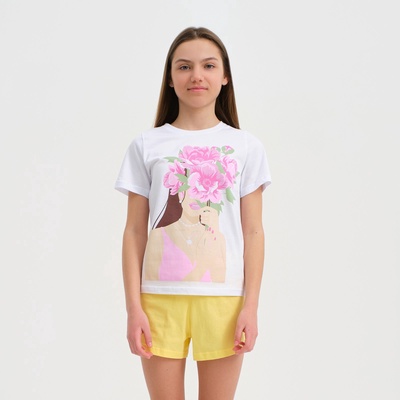 Пижама для девочки (футболка и шорты) KAFTAN: Selfie, размер 42 (164-170 см), бело-жёлтая