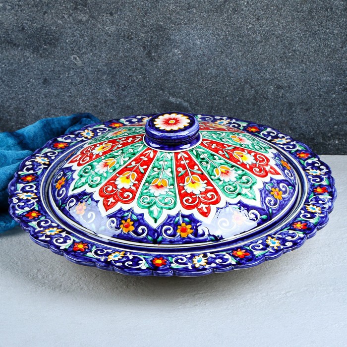 Блинница Риштанская Керамика "Цветы", 37 см, под крышкой 28 см, синий - фото 1908887128