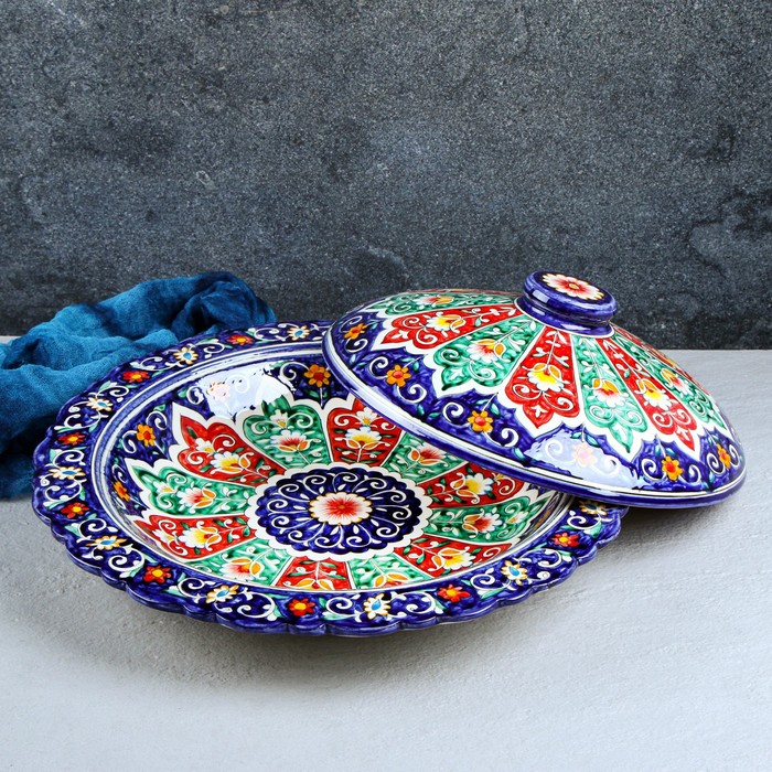 Блинница Риштанская Керамика "Цветы", 37 см, под крышкой 28 см, синий - фото 1908887129
