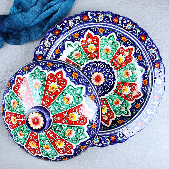 Блинница Риштанская Керамика "Цветы", 37 см, под крышкой 28 см, синий - фото 1889783781