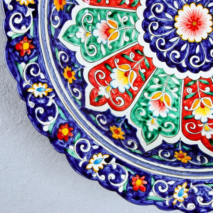 Блинница Риштанская Керамика "Цветы", 37 см, под крышкой 28 см, синий - фото 1889783782