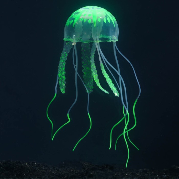 Декор для аквариума "Медуза" силиконовая, флуоресцентная, 5 х 5 х 15 см, зелёная - Фото 1