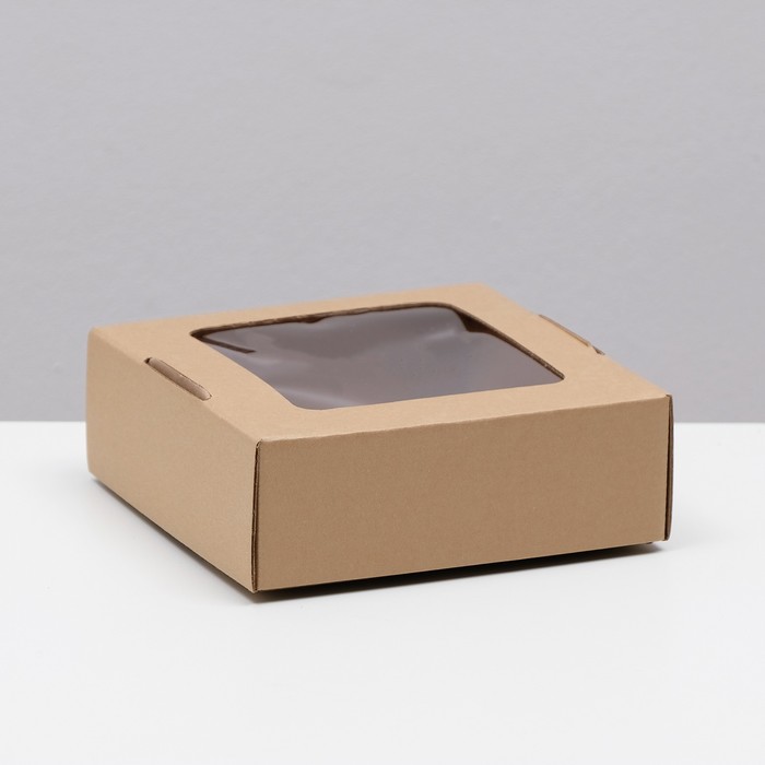 Коробка самосборная, с окном, крафт, бурая, 16 х 16 х 6 см - Фото 1