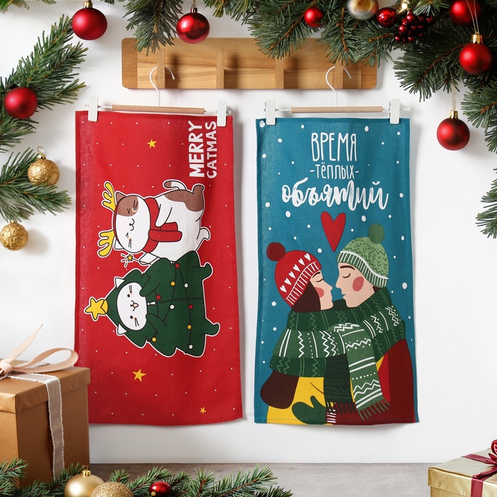 Набор кухонный полотенец «Доляна» Merry catmas, 35×60 см - 2 штуки, 100% хлопок, 160 г/м² - Фото 1