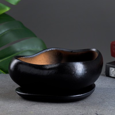 Горшок для для кактусов и суккулентов «Бонсай малый», 600 мл, 17×14×7 см, керамика, с поддоном, чёрный