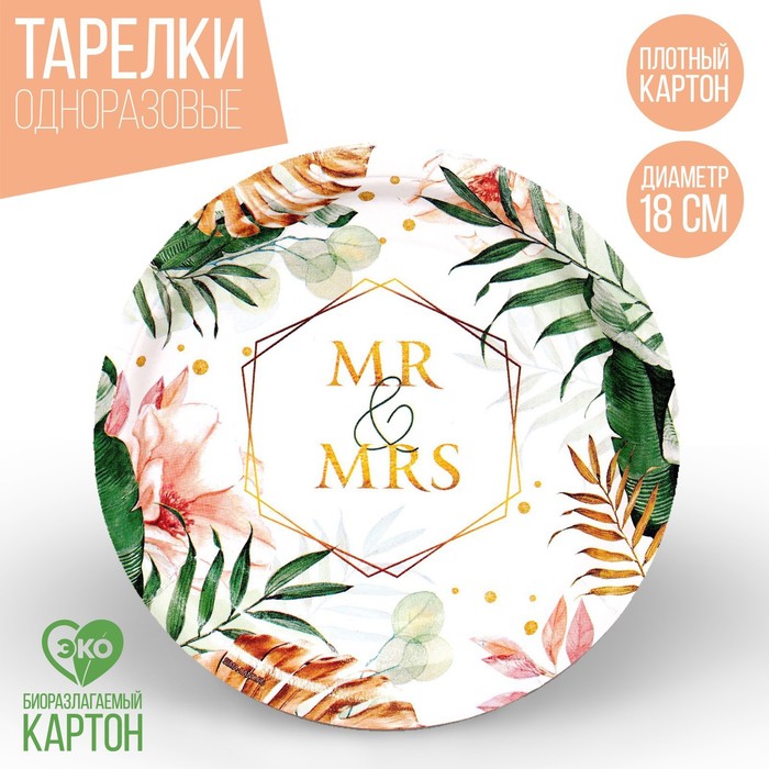 Тарелка одноразовая бумажная MR&MRS, набор 6 шт, 18 см - Фото 1