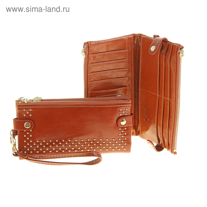 Кошелек женский складной, 5 отделов, отдел для кредиток, с ручкой, коричневый - Фото 1