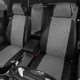 

Авточехлы для Renault Megane 3 с 2008-2014 г., хэтчбек, универсал, перфорация, экокожа, цвет тёмно-серый, чёрный
