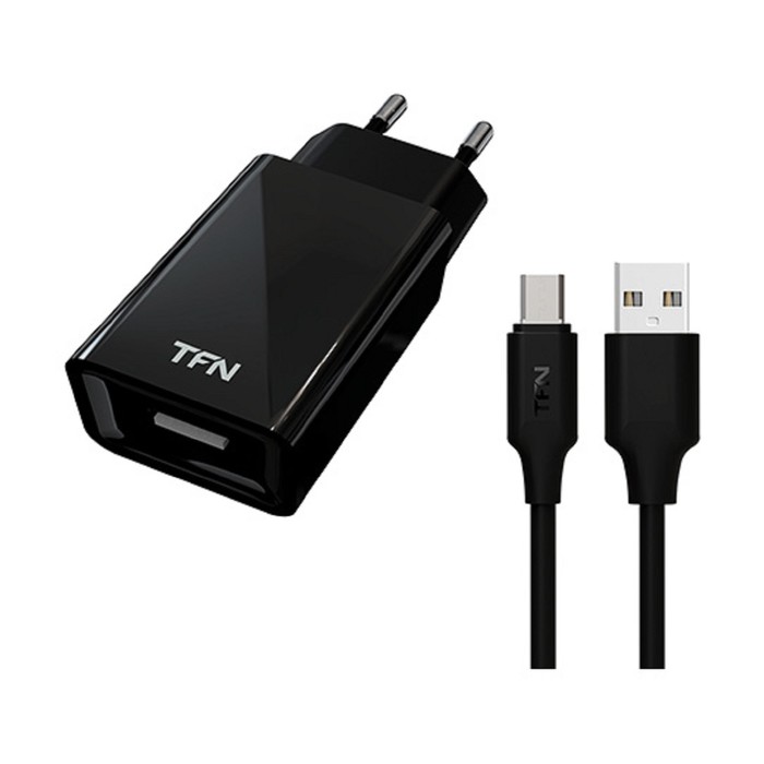 Сетевое зарядное устройство TFN, USB - 1 А, кабель microUSB 1 м, черное - Фото 1