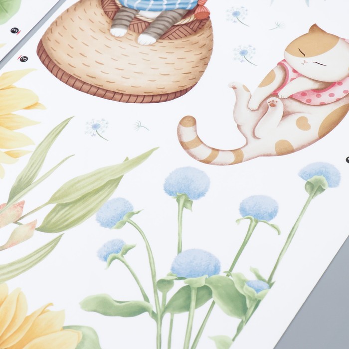 Наклейка пластик интерьерная цветная "Котята в цветочном саду" набор 2 листа 30х85 см - фото 1900113068