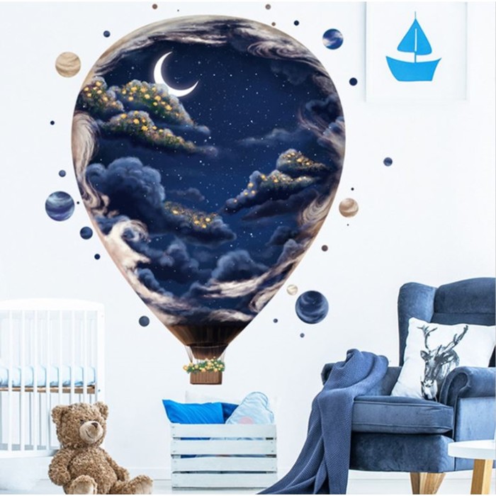 Наклейка пластик интерьерная цветная "Воздушный шар и ночное небо" набор 2 листа 30х90 см