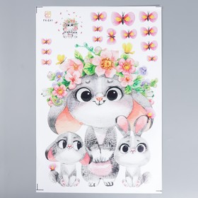 Наклейка интерьерная цветная «Мама зайка в цветочном венке с зайчатами», 40×60 см