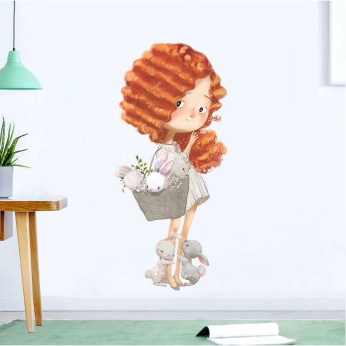 Наклейка пластик интерьерная цветная "Девочка с рыжими волосами с зайчатами" 30х90 см - Фото 1