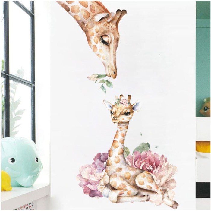 Наклейка пластик интерьерная цветная "Жирафа с малышом в цветах" 30х90 см