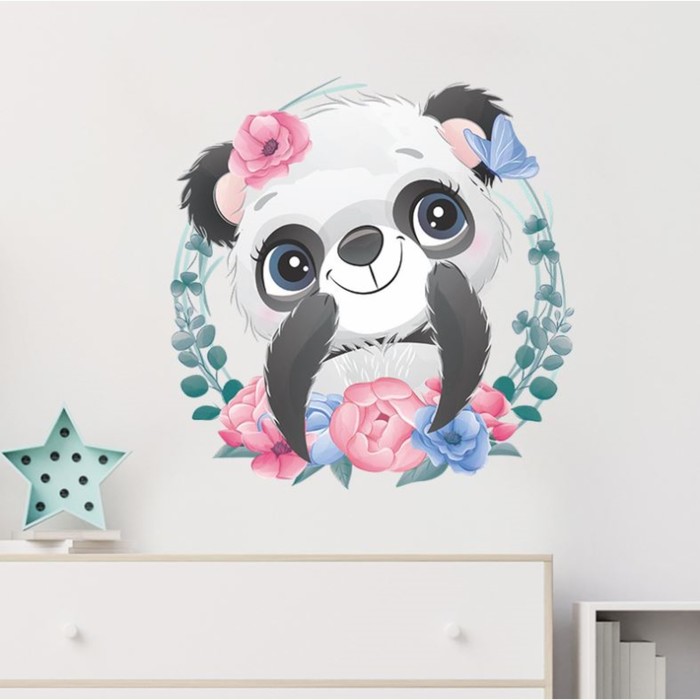 Наклейка пластик интерьерная цветная "Милая панда в цветочном венке" 39х40 см - Фото 1