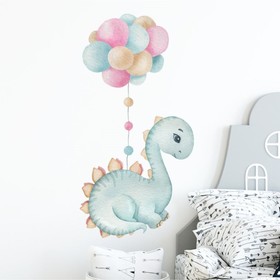Наклейка пластик интерьерная цветная "Динозаврик голубой с воздушными шарами" 30х60 см