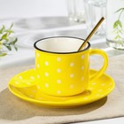 Чайная пара керамическая с ложкой «Горошек», 2 предмета: чашка 220 мл, блюдце d=15 см, цвет жёлтый - фото 321331923