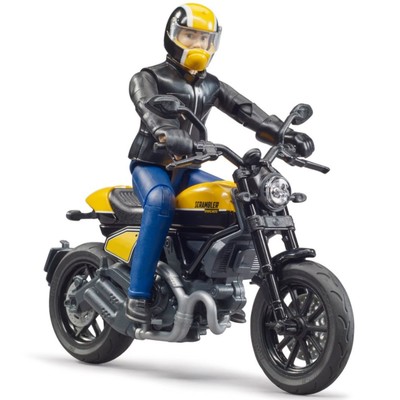 Мотоцикл Scrambler Ducati жёлтый, с мотоциклистом