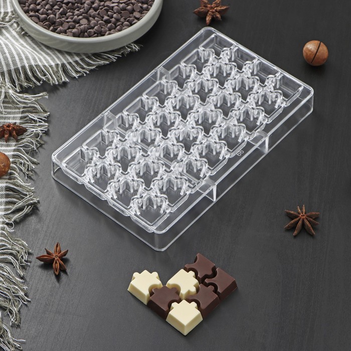Форма для шоколада и конфет «Пазлы», 32 ячейки, 20×12×2,5 см, ячейка 2×2×0,8 см - фото 4521386