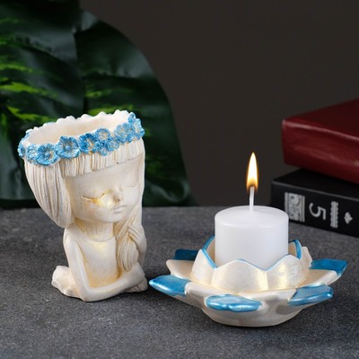 Набор интерьерный "Девушка с лотосом" 2шт, позолота с голубым