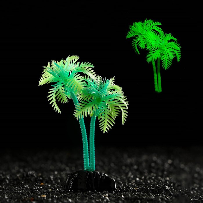 Растение искусственное аквариумное "Пальма", светящееся, 10 см, зелёное - Фото 1