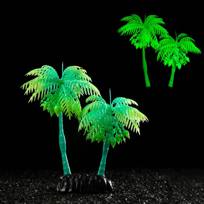 Растение искусственное аквариумное "Пальма", светящееся, 14 см, зелёное - Фото 1