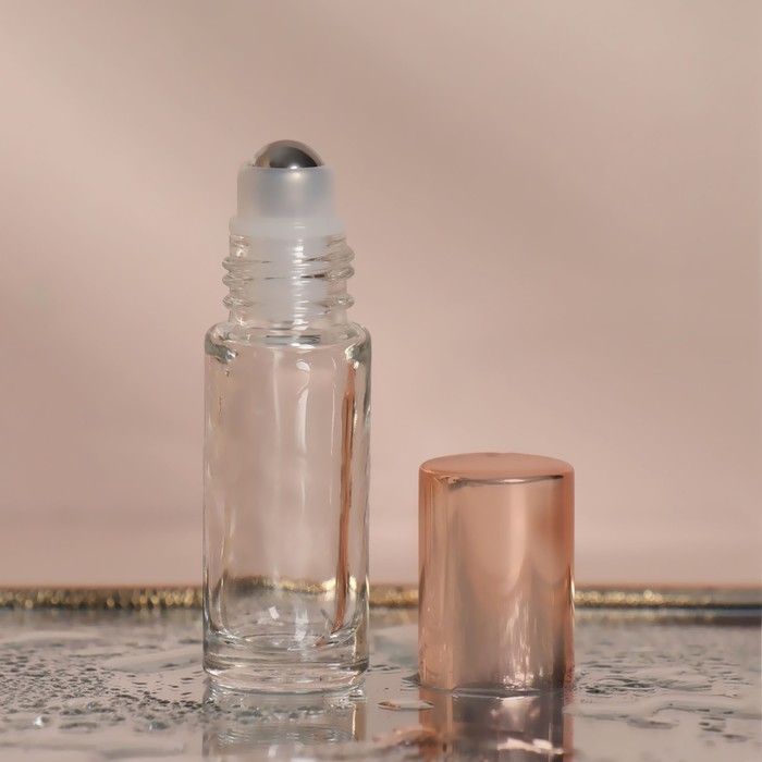 Флакон стеклянный для парфюма, с металлическим роликом, 10 мл, цвет прозрачный/розовое золото - Фото 1
