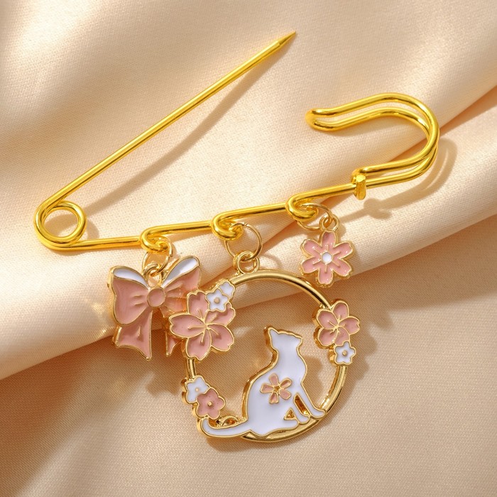 Булавка "Бантик" кошка в цветах, 6,3см, цвет бело-розовый в золоте - Фото 1