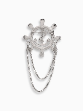 Брошь «Штурвал» якорь с цепочкой, белая в серебре