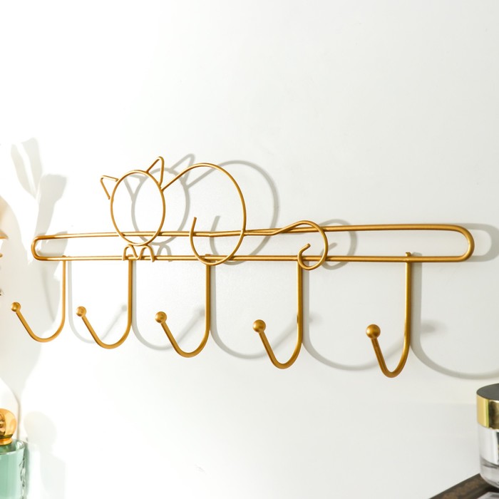 Настенные крючки декоративные «Котик», металл под золото, 15×39 см - Фото 1