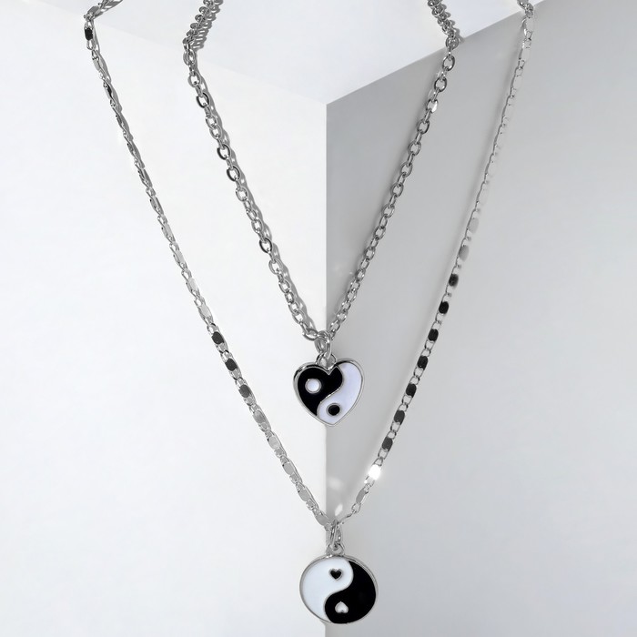Кулон "Инь-ян" двойная гармония, сердце, цвет чёрно-белый в серебре, 50см